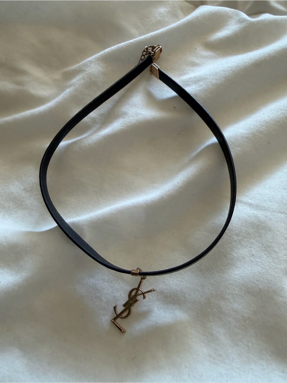 Yves Saint Laurent Black Leather Choker with Gold YSL Pendant